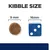 Kibble size comparison showing a 9mm round kibble next to a 16mm blue dice for scale.