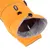 Vue rapprochée d’un manteau pour chien orange avec doublure grise, cordons de serrage noirs et étiquette visible portant la marque 'Foxy'.