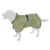 Manteau imperméable vert clair avec capuche et bande réfléchissante, porté par un chien gris en silhouette. Logo patte visible sur le côté du manteau.