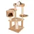 Cat tree with multiple levels, cave, resting areas and sisal posts. Beige fabric cover. Cat lying on the padded top platform.