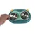 Double bowl made of stainless steel with green plastic holder, removable. Hand shows easy removal of one bowl.