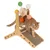 Chat roux sur un jouet pour chat en bois avec rampe en carton et roue ornée de boules colorées en corde (vert, blanc, orange, jaune).