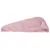 Roze handdoek in de vorm van een muizenkop met geborduurde snorharen en een wit oor.