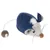 Fabric toy mouse with blue back, beige face and tail with round pendant. Suitable for interactive play.