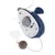 Toy mouse with blue fabric cover, visible CR2450 battery and removable lid. Tail with wooden bead and white cord.