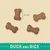 Bone-shaped kibble pieces with a size reference of 25 mm, labelled as duck and rice.