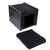 Black cube cave with padded cushion, wooden side walls with square cut-outs.