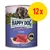 Happy Dog Sensible Pure Italy Büffel Pur, Abbildung einer Dose mit rohem Büffelfleisch und gelbem Kreis mit roter Aufschrift 12x.