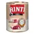 Lata de comida para perros Rinti Sensible. Texto visible: 100 % Lamm, glutenfrei, nur 1 tierisches Protein, + Reis. Para perros sensibles. Imagen de carne y arroz en la etiqueta.