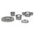 Set de cinco piezas de plástico gris: base redonda con ranuras, dos vasos, inserto con asas y tapa cónica.