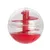 Balle ronde en plastique transparent et rouge avec spirale intérieure visible, partie inférieure opaque rouge, sans marque apparente.