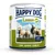 Lata de comida para perros Happy Dog Lamm pur. Texto visible: Made in Germany, 100 % tierisches Protein, LAMB AGNEAU AGNELLO. Imagen de ovejas en el envase.