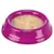 Gamelle en plastique violet remplie de nourriture humide pour animaux, morceaux visibles dans une sauce claire.