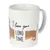Taza blanca con el texto 'I love you long time' e ilustración de un dachshund marrón cuyo cuerpo rodea la taza.