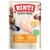RINTI LEICHTE BEUTE Rind pur & Huhn, pure beef & chicken, getreidefrei, reich an natürlichen Fleischstücken, fett-reduziert, 400g. Image d’un chien et morceaux de viande visibles.