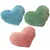 Three heart-shaped fabric toys in blue, green and pink with ribbed texture.
