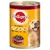 Pedigree tin with dog image, text 'mit 5 Sorten Fleisch', '100% complete', icons for bones, digestion, skin & coat, immune system, bowl labelled 'Pastete'. Text in German.