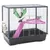 Small animal cage with metal grid, pink platform and ramp, green hammock, water bottle from Biba, two rats in the cage.
