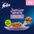 Purina Felix Junior Fantastic, wybór smaków w galaretce, bez barwników, dla kotów 2–12 miesięcy. Widoczna miska z kawałkami karmy.