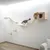 Wall-mounted climbing and play system made of wood with bridge, platforms and cave. Two cats demonstrate use of the system.