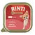 Conservă Rinti Gold MINI 100g, text vizibil: „Mit feinen Stückchen von Rind & Perlhuhn”, imagine cu un câine mic pe ambalaj. Text în germană.