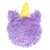 Jouet pour animal en peluche violette avec deux oreilles et une corne jaune, matière duveteuse visible.