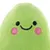 Green plush toy with embroidered face, black eyes, pink cheeks and a smiling mouth.