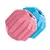 Two plastic play balls, one pink and one blue, with textured surfaces and openings.