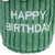 Green fabric toy with embroidered text 'Happy Birthday'.