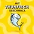 Mit Thunfischgeschmack. Illustration eines lachenden Fisches auf gelbem Hintergrund.
