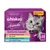 whiskas Aromatic Selection Gemischte Auswahl in Sauce, mit Schwein & Karotten, avec poulet, poisson de mer en bouillon, saumon & pois, x12. Texte en allemand.