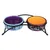 Dubbele voerbak met metalen frame, twee keramische kommen in blauw en oranje, opschrift 'Cat's' op beide kommen.