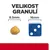 Porovnanie veľkosti granule 8,5 mm s modrou kockou 16 mm. Text v češtine: VELIKOST GRANULÍ.