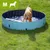 Medium size blue dog paddling pool outdoors, with a Labrador in the water holding an orange toy. Green box top left shows white dog icon and letter M. Medium size blue dog paddling pool outdoors, with a Labrador in the water holding an orange toy. Green box top left shows white dog icon and letter M.