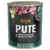 Lata de comida para perros Belcando Pute, texto visible: 'Pute mit Reis und Zucchini', 'Super Premium Quality Made in Germany', imágenes de calabacín, carne y semillas de chía.