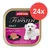 Animonda Vom Feinsten Adult mit Pute und Lamm, 24x Portionen. Nassfutter für Hunde, Abbildung einer weissen Hundedarstellung und Futterstück auf schwarzem Teller.