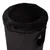 Cylindrical black scratching post with a plush top surface and an opening on the side, showing part of an internal compartment.