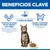 Ventajas clave: Apoya la salud renal y vesical, ingredientes de alta calidad y fácil digestión, ayuda a mantener la masa muscular. Imagen de un gato y un cuenco con comida.