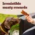 Text in the image: Irresistible meaty rewards. A person is holding meaty snacks, a dog is looking at them.