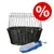 Panier en osier noir avec grille métallique et deux attaches, accompagné d'une gourde de voyage bleue et blanche. Symbole pourcentage rouge indiquant une offre ou promotion visible.
