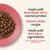 Kibble on a plate with text: minimum 80% animal protein, grain free recipe, made with natural ingredients, with added vitamins and minerals.