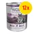 Wolf of Wilderness Senior Wild Hills våtfoder, 800 g burk med anka och kalv. Text: 100% grain-free. Gul cirkel med röd text: 12x.
