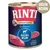 RINTI Singlefleisch Exclusive Ross Pur dåse, 1 Protein Single, getreidefrei. UDEN KORN står i cirkel øverst til højre. Billede af kød på etiketten.
