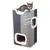 Cat tree with grey fabric cover, two caves and 'home sweet home' lettering. Cat sitting on top platform.