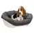 Cama cinzenta para cão com almofada macia e estrutura de plástico branca.