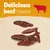 Delicious beef treats text with red cow icon above several pieces of dried brown beef treats on beige background. No brand name visible.