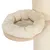 Beige, padded cat bed on a wooden platform, attached to a scratching post wrapped with sisal.