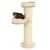 Cat tree with two wooden resting platforms and beige cushions, cat sitting on lower platform. Sisal-wrapped post for claw care.