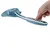 Hand showing the use of a blue cat litter scoop with integrated sieve for easy cleaning.