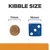 Kibble size comparison showing a round kibble measuring 11mm next to a blue die measuring 16mm.
